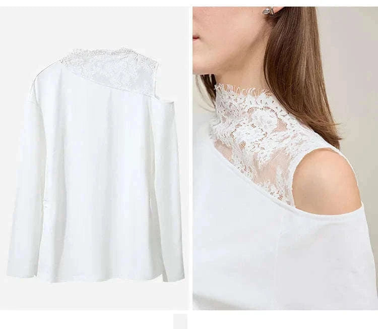 AMII Women’s Cotton Lace Off-Shoulder Long Sleeve T-Shirt Loose Fit-Black / S