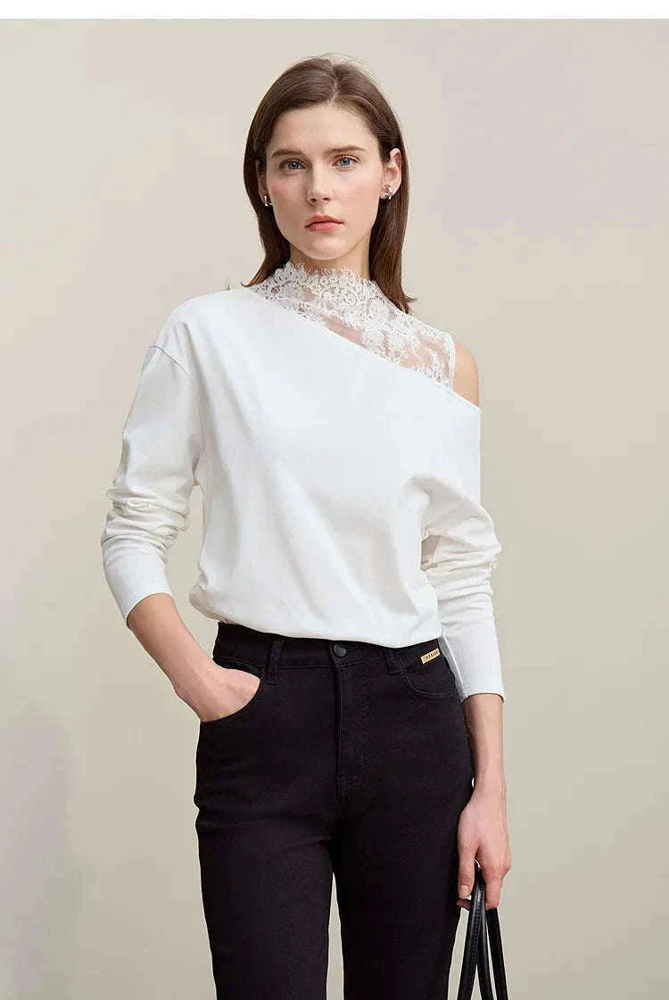 AMII Women’s Cotton Lace Off-Shoulder Long Sleeve T-Shirt Loose Fit-Black / S