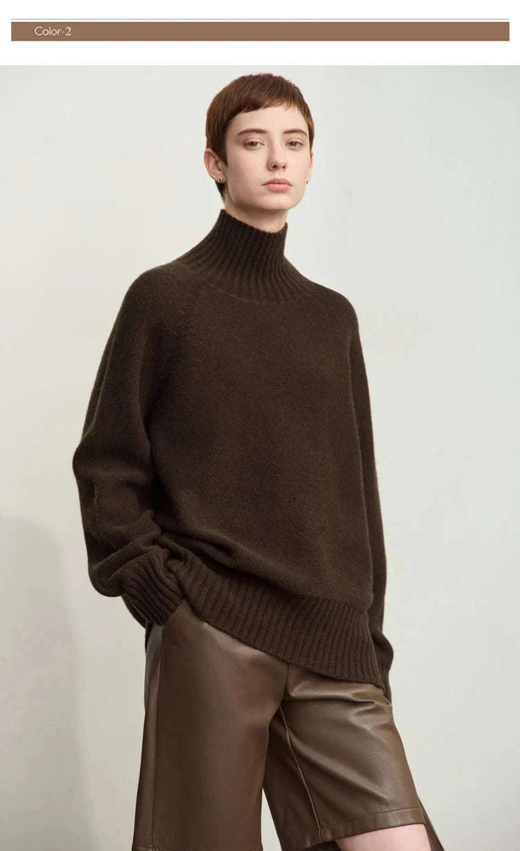 AMII Women’s Wool Turtleneck Sweater Loose Fit Seamless Knit-black / M
