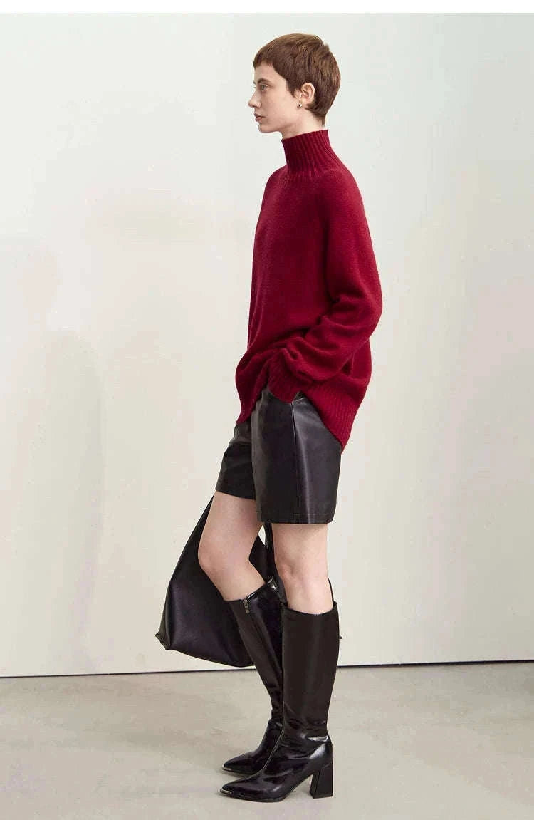 AMII Women’s Wool Turtleneck Sweater Loose Fit Seamless Knit-black / M
