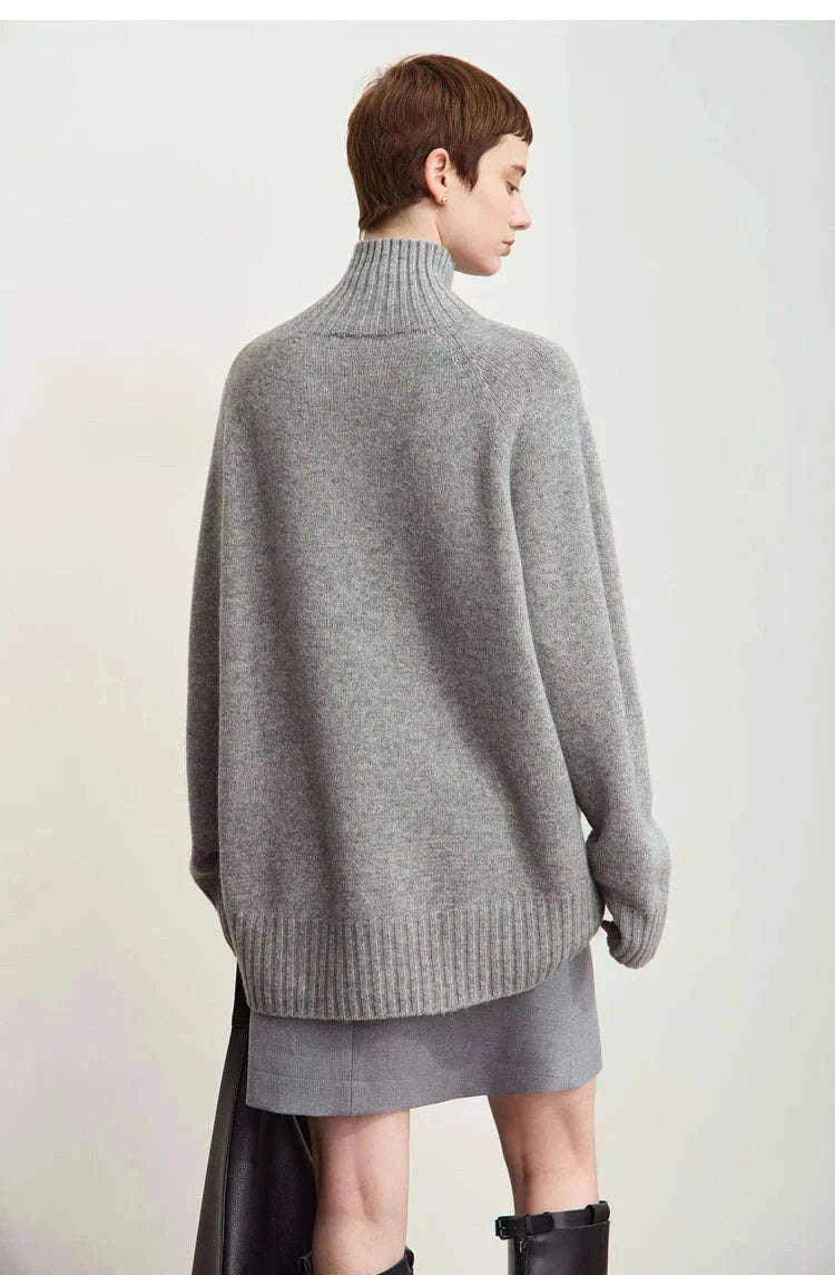 AMII Women’s Wool Turtleneck Sweater Loose Fit Seamless Knit-black / M