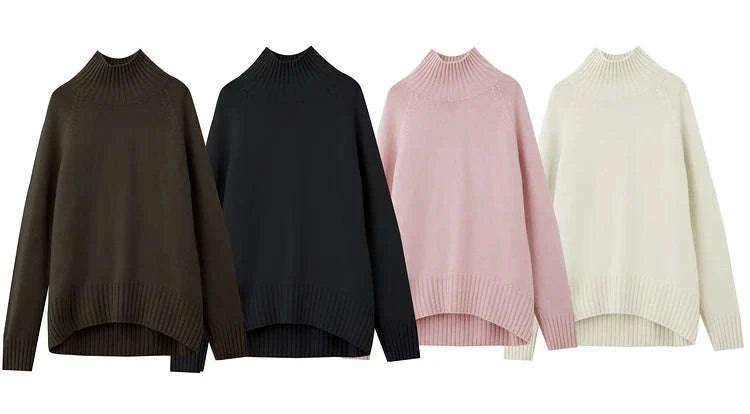 AMII Women’s Wool Turtleneck Sweater Loose Fit Seamless Knit-black / M
