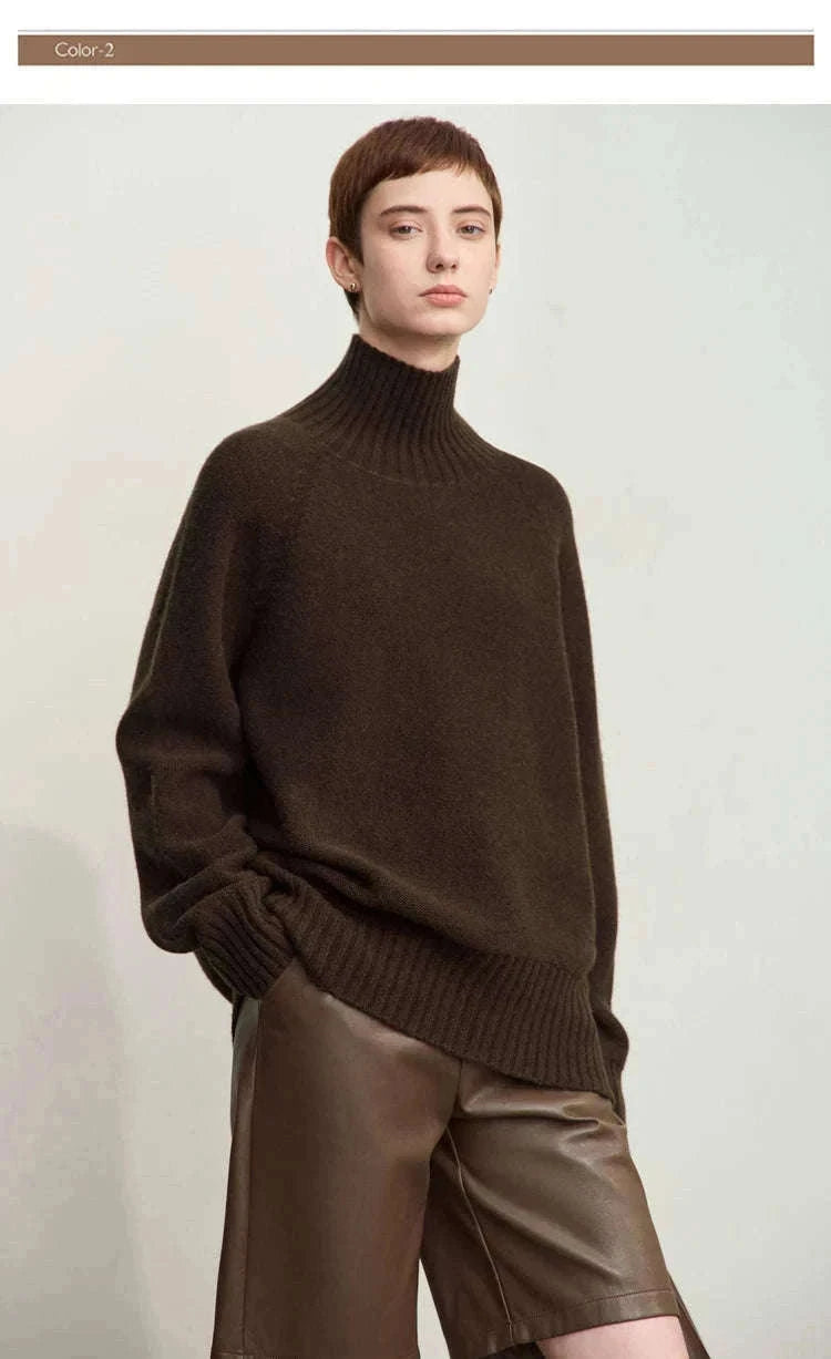 AMII Women’s Wool Turtleneck Sweater Loose Fit Seamless Knit-black / M