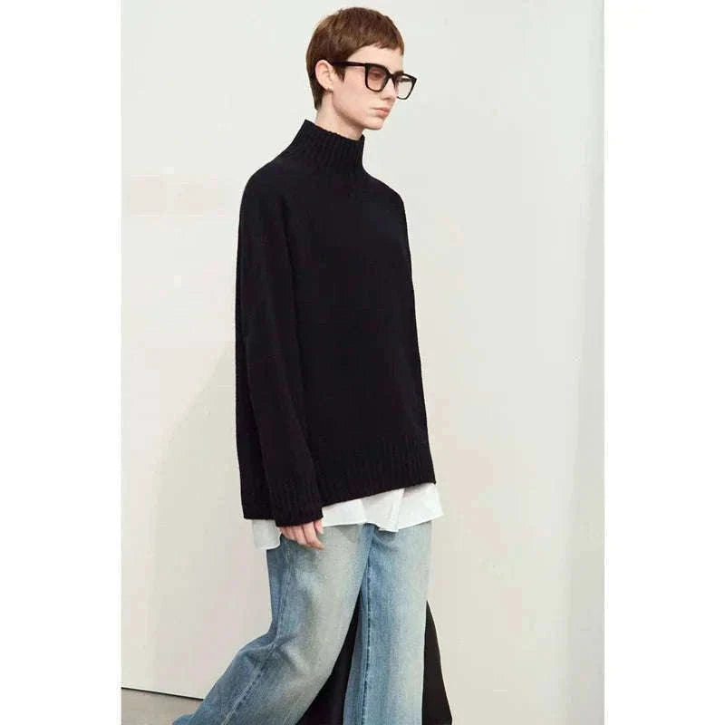 AMII Women’s Wool Turtleneck Sweater Loose Fit Seamless Knit-black / M
