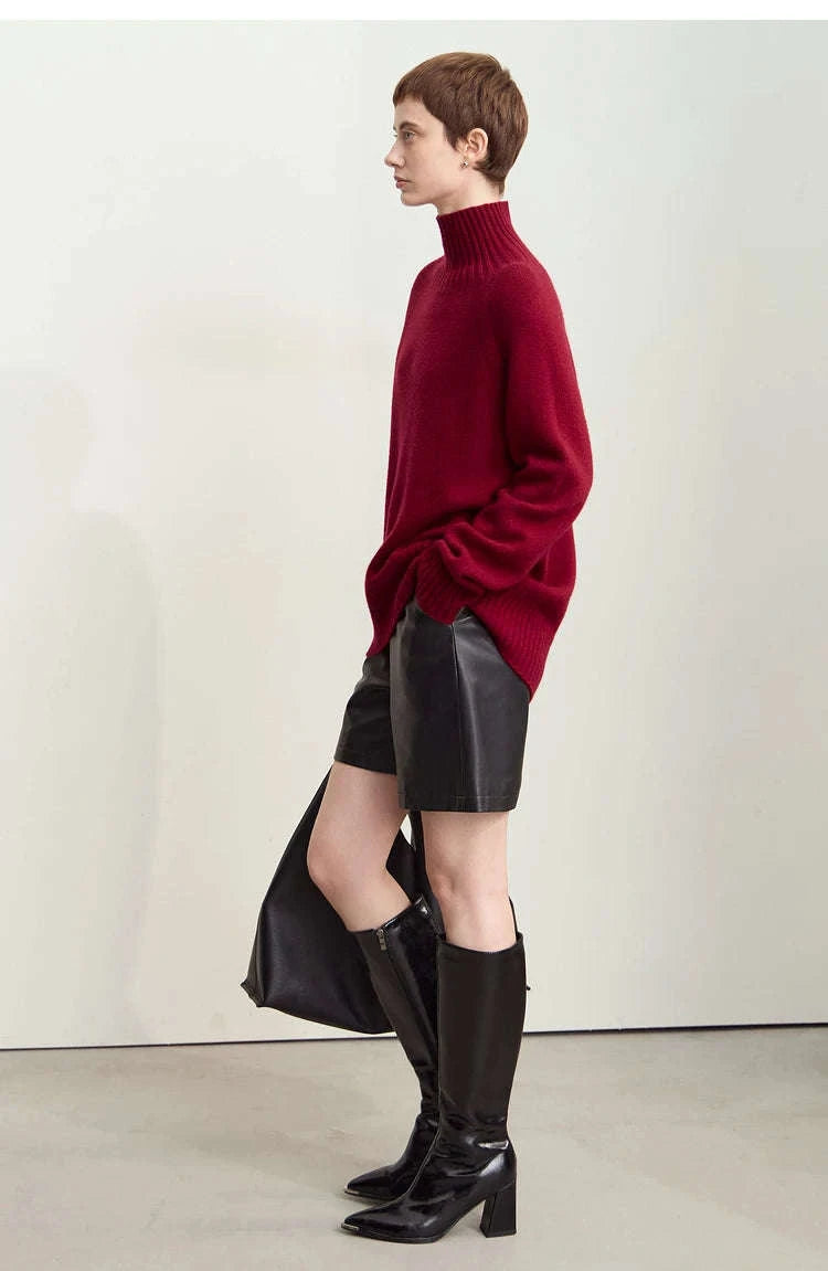 AMII Women’s Wool Turtleneck Sweater Loose Fit Seamless Knit-black / M