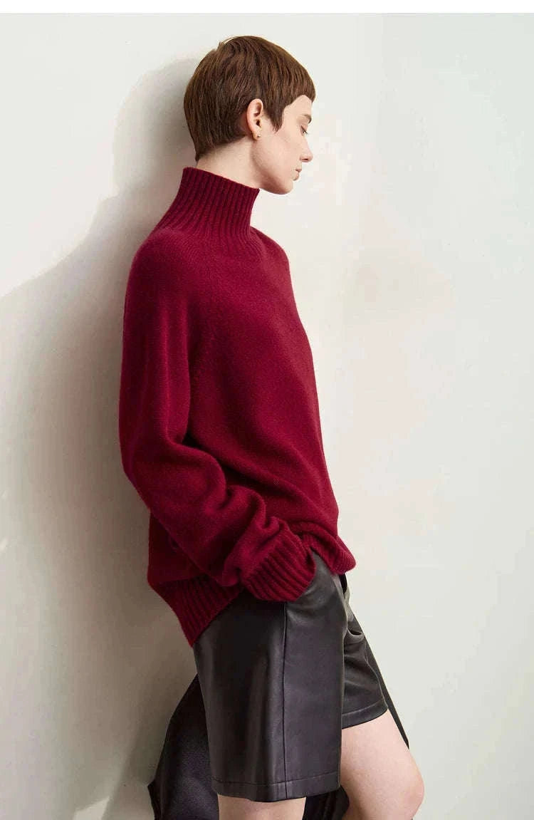 AMII Women’s Wool Turtleneck Sweater Loose Fit Seamless Knit-black / M