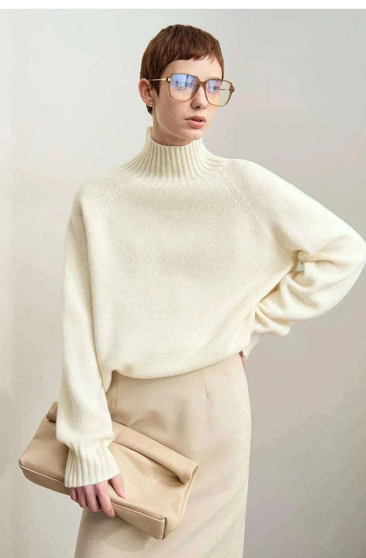 AMII Women’s Wool Turtleneck Sweater Loose Fit Seamless Knit-black / M