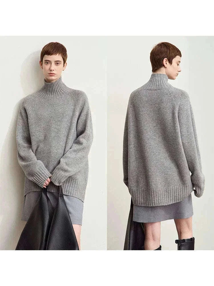 AMII Women’s Wool Turtleneck Sweater Loose Fit Seamless Knit-black / M