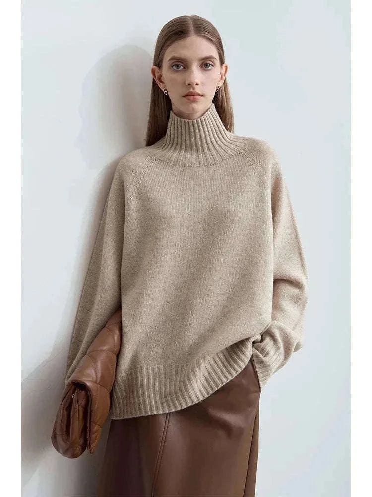 AMII Women’s Wool Turtleneck Sweater Loose Fit Seamless Knit-black / M