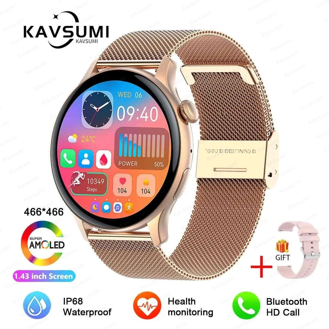 AMOLED Smart Watch with Bluetooth Calling & Fitness Tracking-Gold / Original AMOLED / China Mainland