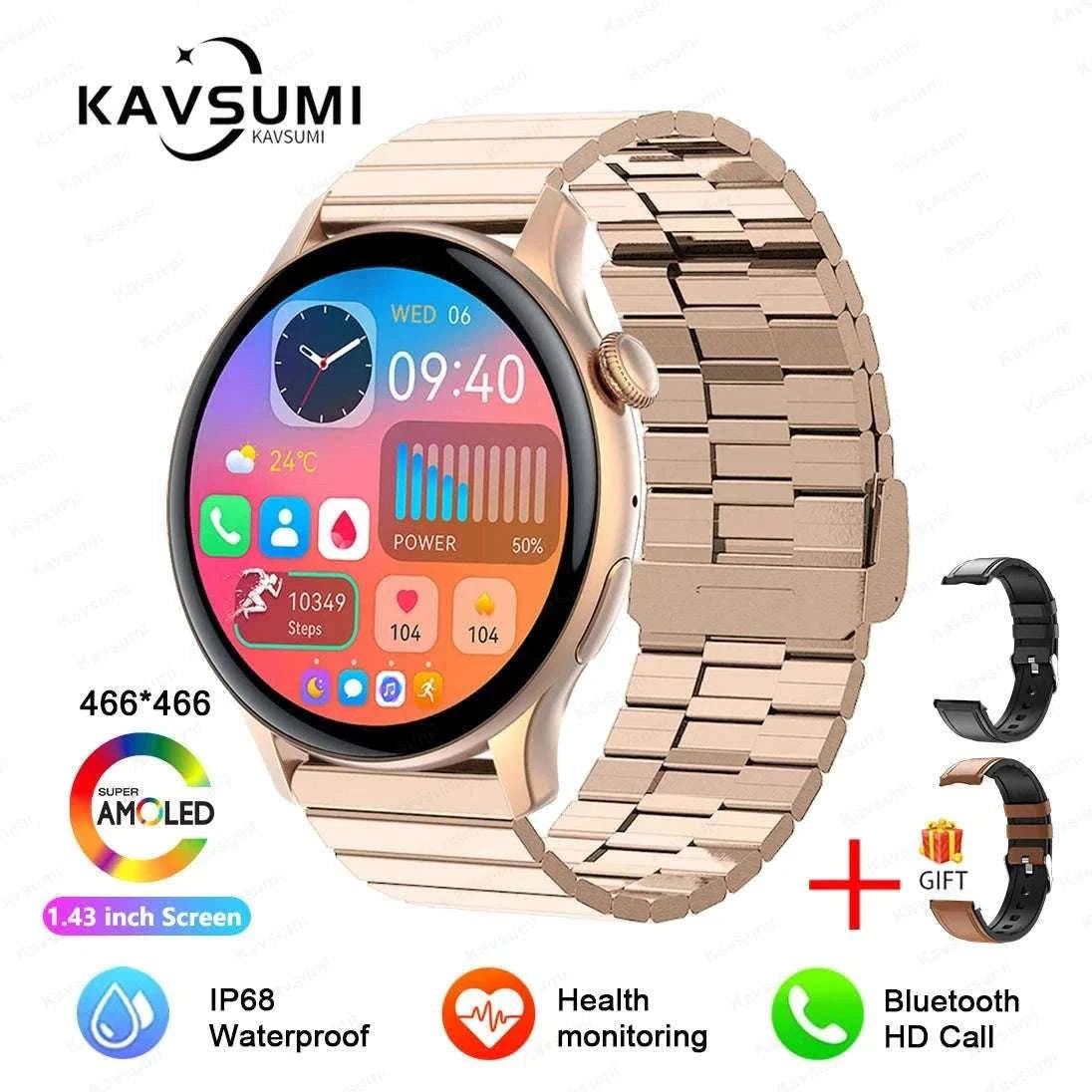 AMOLED Smart Watch with Bluetooth Calling & Fitness Tracking-Gold / Original AMOLED / China Mainland