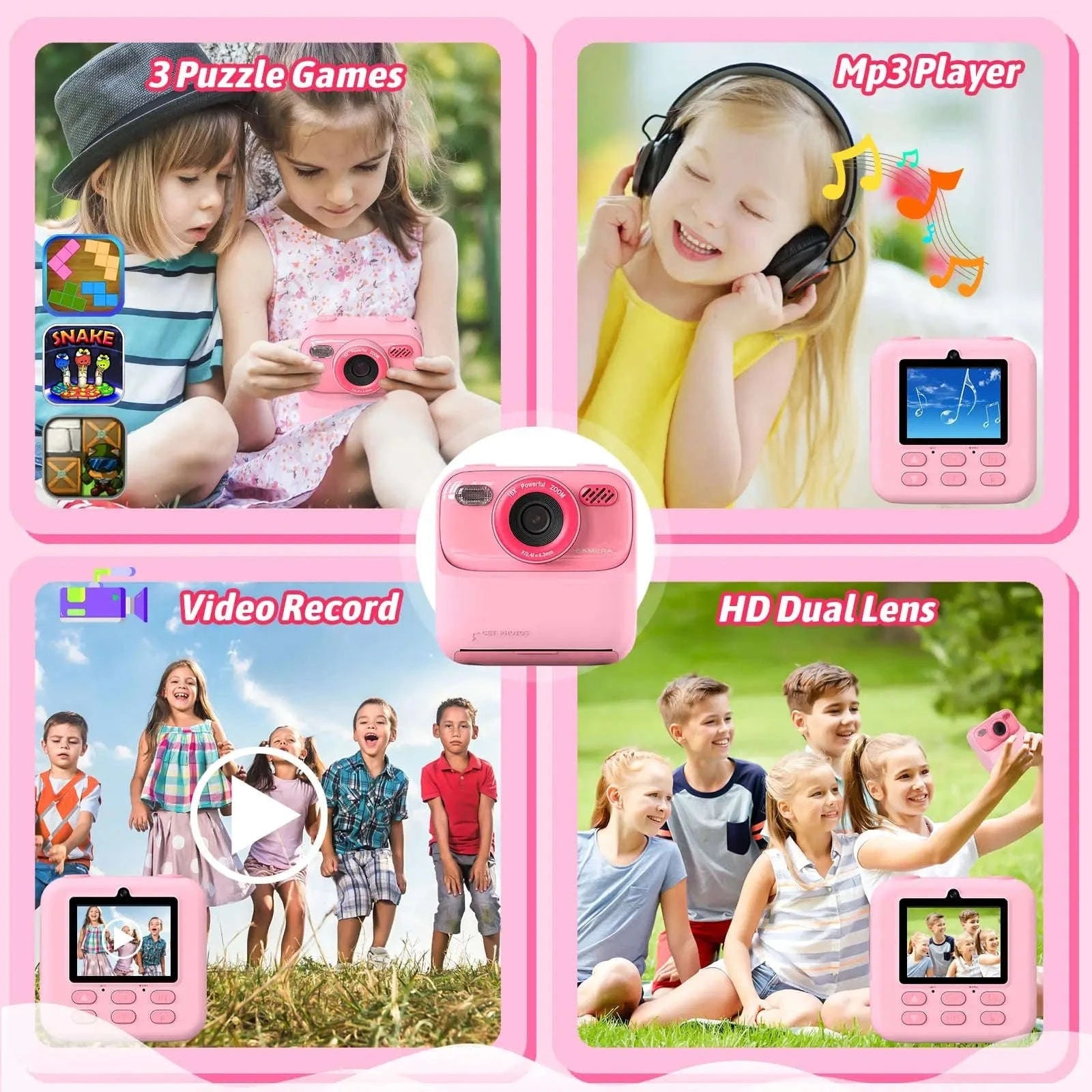 AMORUS Kids Camera Instant 1080P HD Dual Lens Selfie-Black Pink