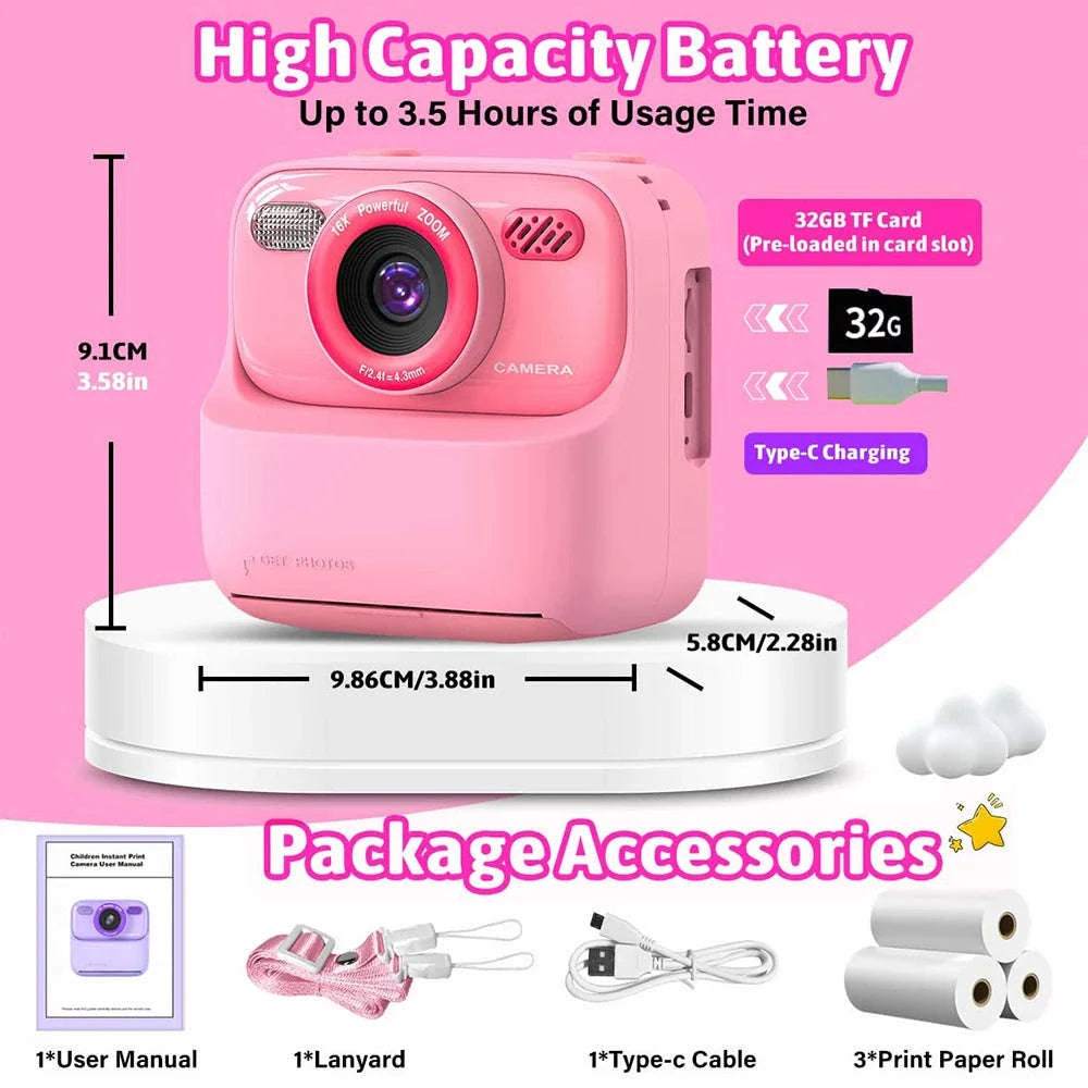 AMORUS Kids Camera Instant 1080P HD Dual Lens Selfie-Black Pink