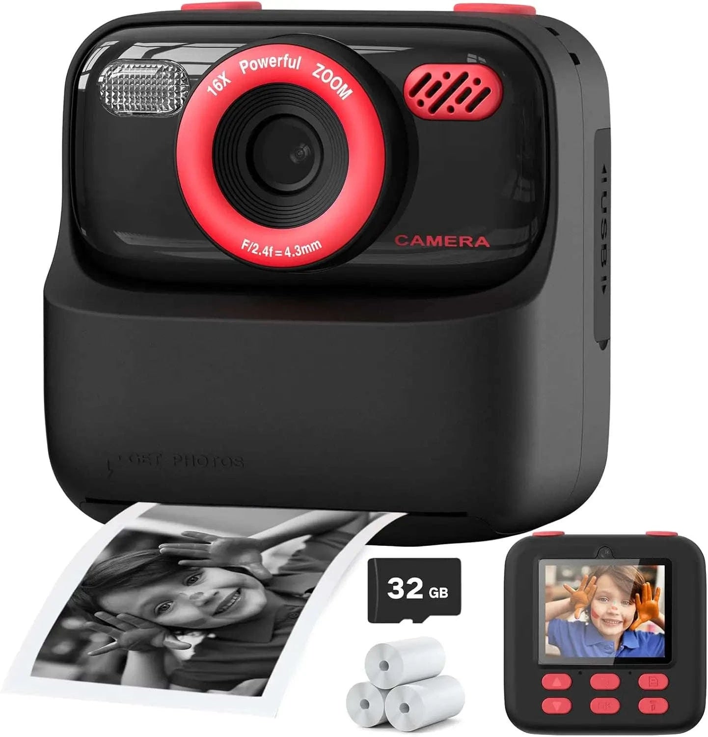 AMORUS Kids Camera Instant 1080P HD Dual Lens Selfie-Black Pink