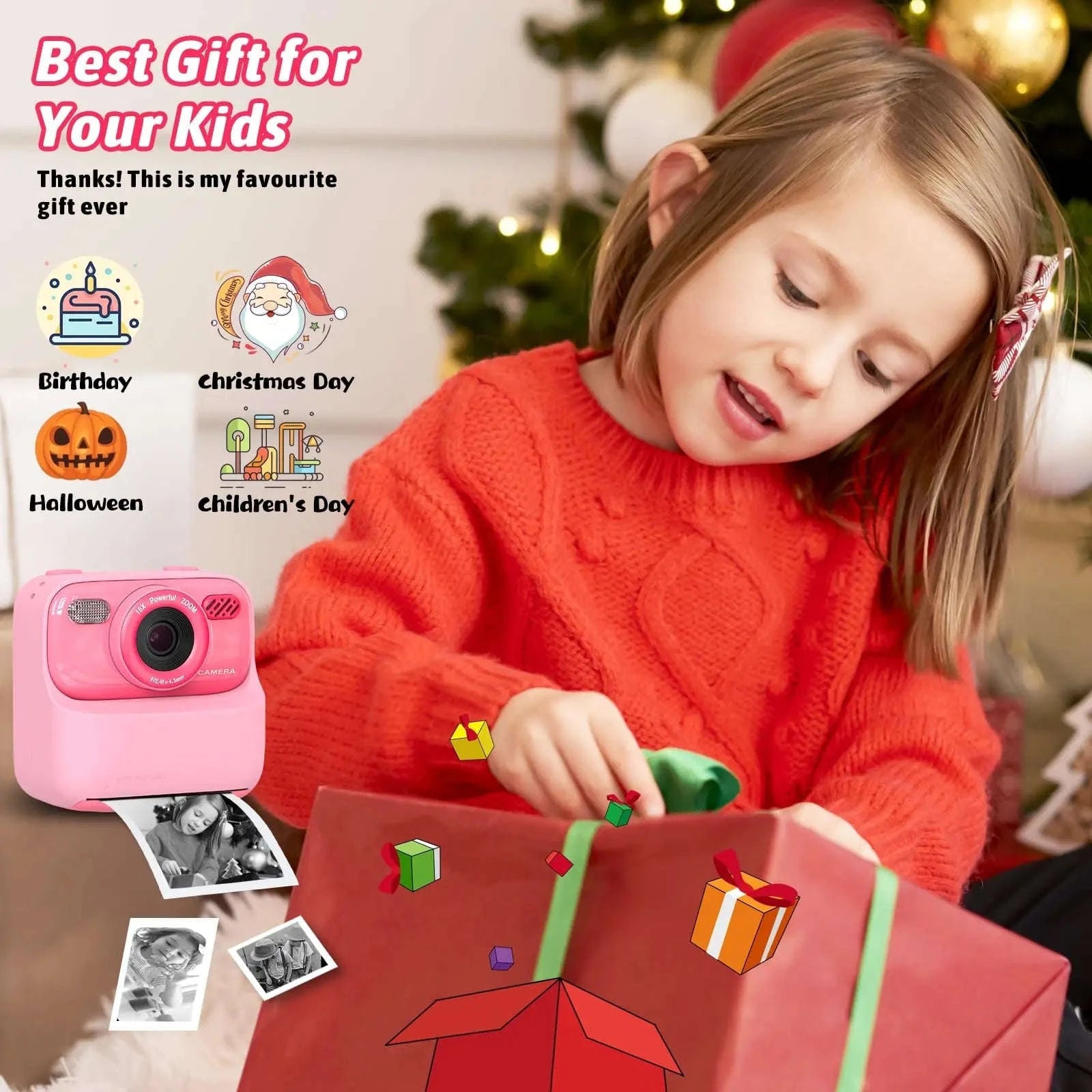 AMORUS Kids Camera Instant 1080P HD Dual Lens Selfie-Black Pink