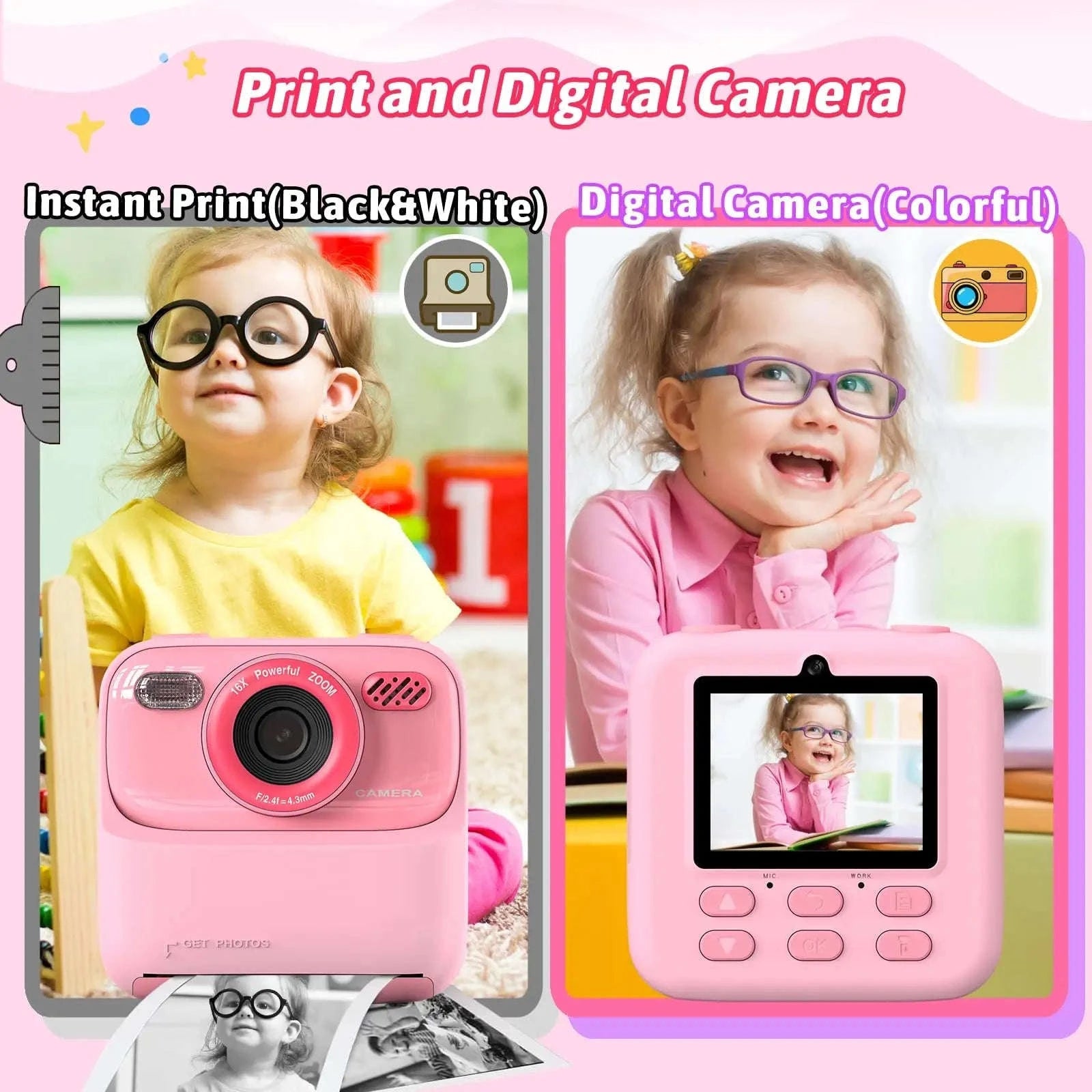 AMORUS Kids Camera Instant 1080P HD Dual Lens Selfie-Black Pink