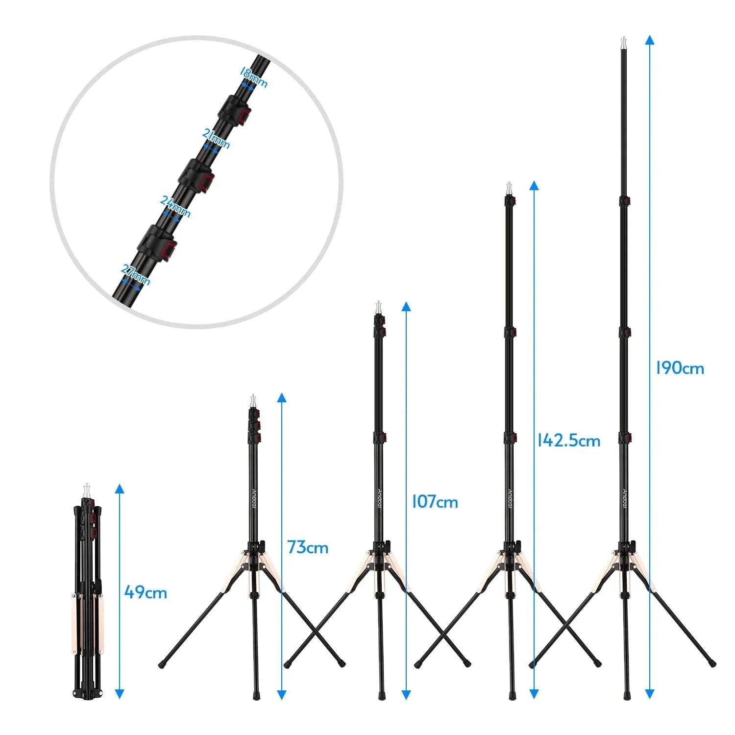Andoer 190cm Aluminum Photography Light Stand, 3kg Load-Default Title
