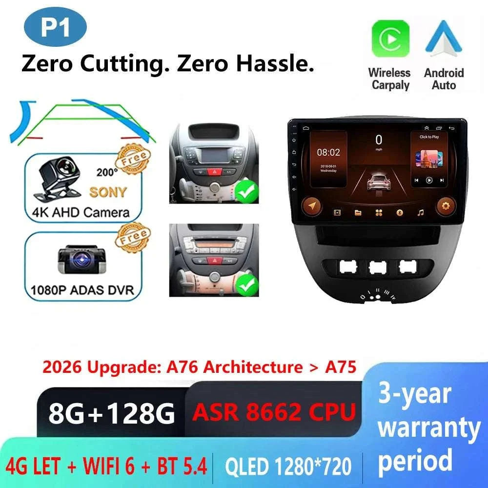 Android CarPlay Radio 10.1" for Peugeot 107 Aygo C1 2005–2014-8-128 DVR 4G 2K / China Mainland