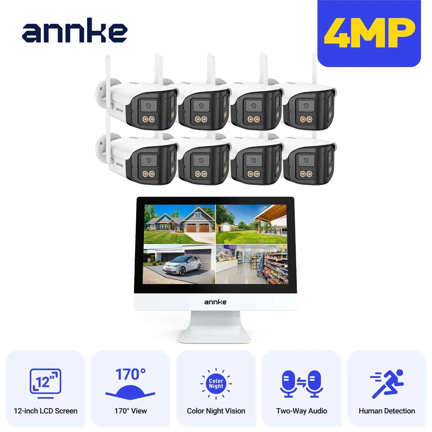 ANNKE 12" LCD Wireless NVR Kit with Dual-Lens 4MP Cameras-4PCS CAM / None / United States