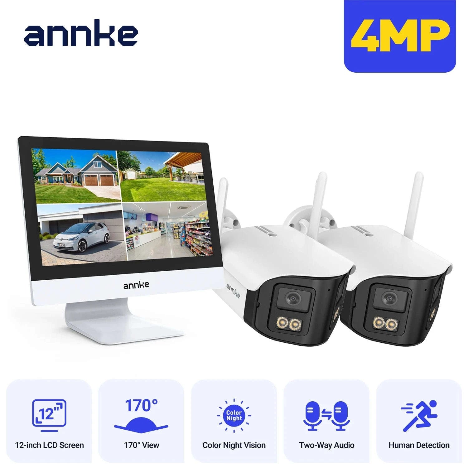 ANNKE 12" LCD Wireless NVR Kit with Dual-Lens 4MP Cameras-4PCS CAM / None / United States