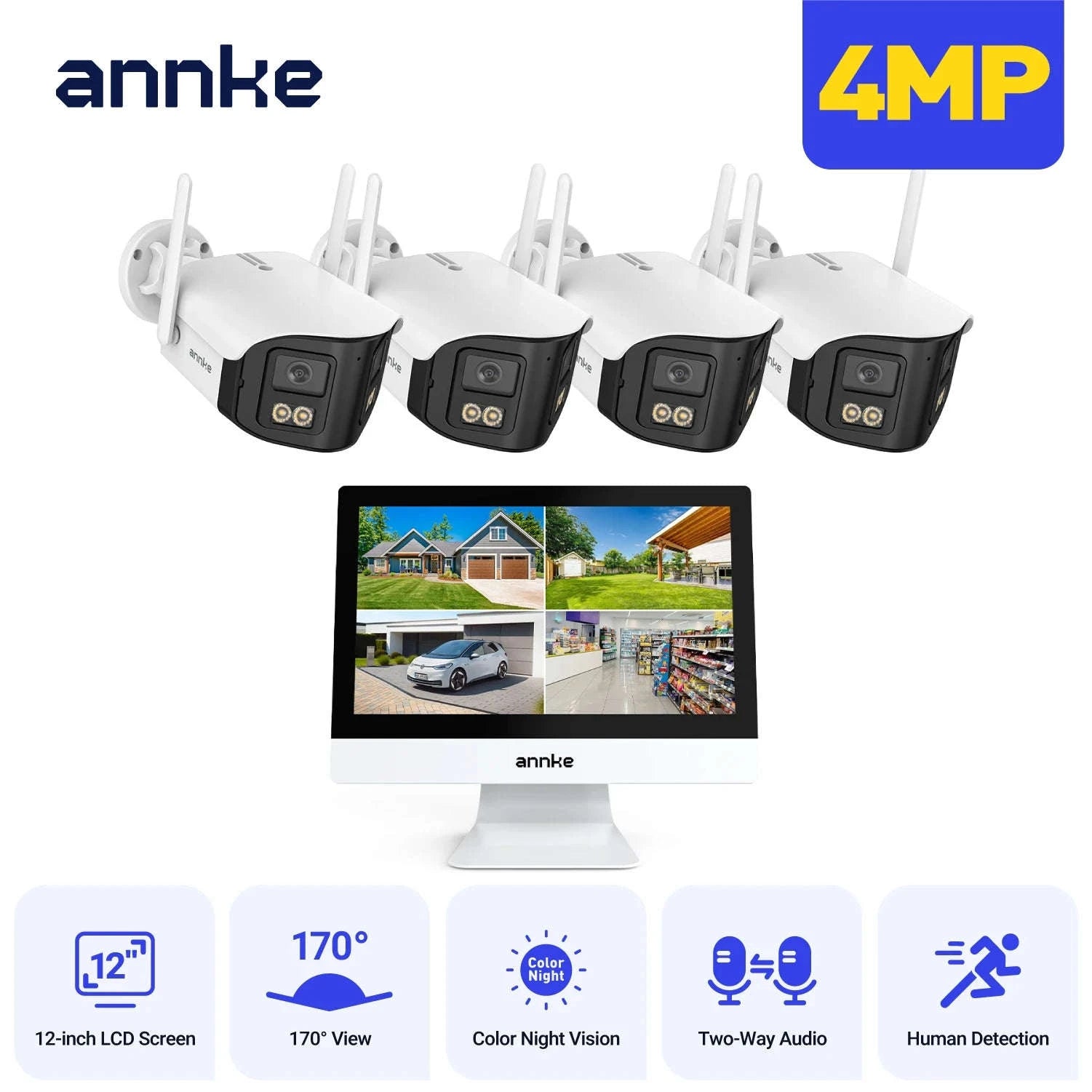ANNKE 12" LCD Wireless NVR Kit with Dual-Lens 4MP Cameras-4PCS CAM / None / United States