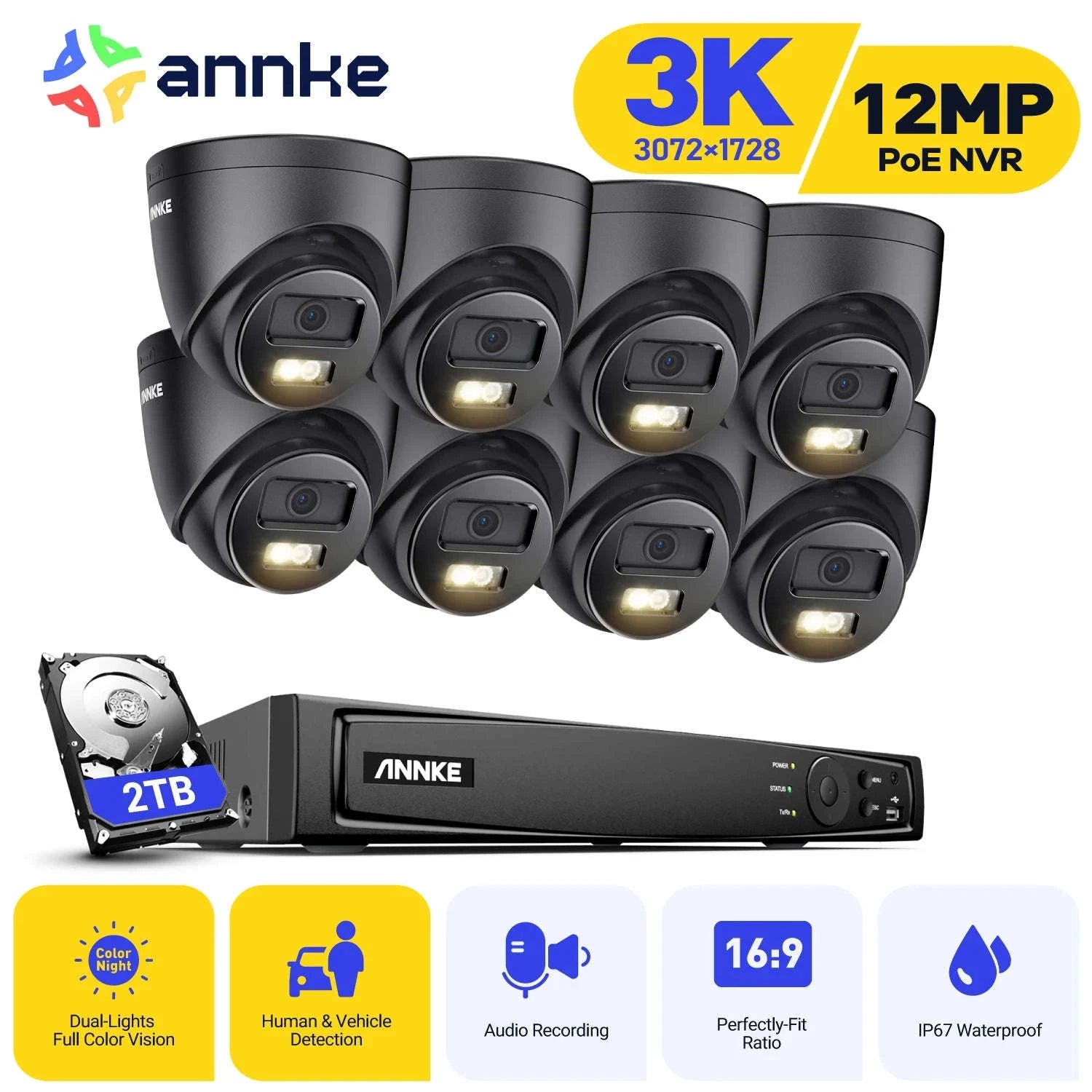 ANNKE 8CH Ultra HD PoE Security Camera Kit with 3K Video-4pcs camera / spain / 2T