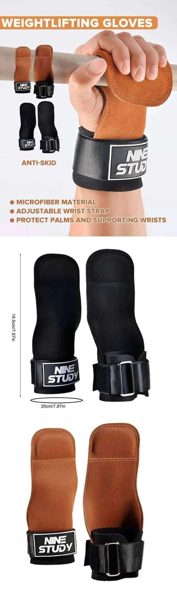 Anti-Slip Gym Gloves with Wrist Straps for Weightlifting Support-Brown