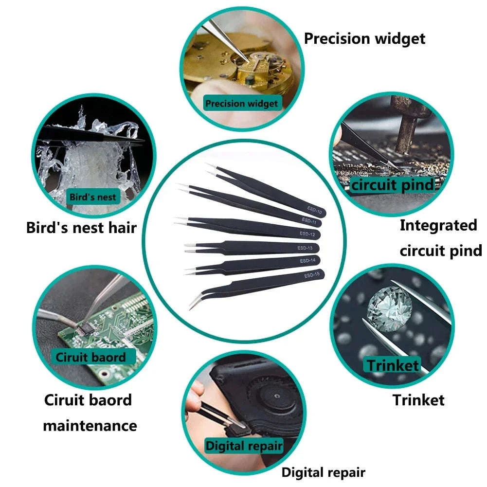 Anti‑Static ESD Tweezers Set – 6‑Piece Precision Tool Kit-6PCS