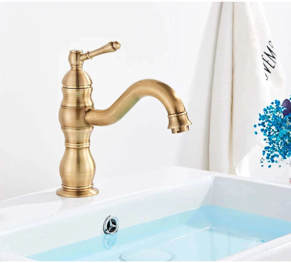 Antique Brass Basin Faucet Mixer Tap with Ceramic Valve-Chrome Short