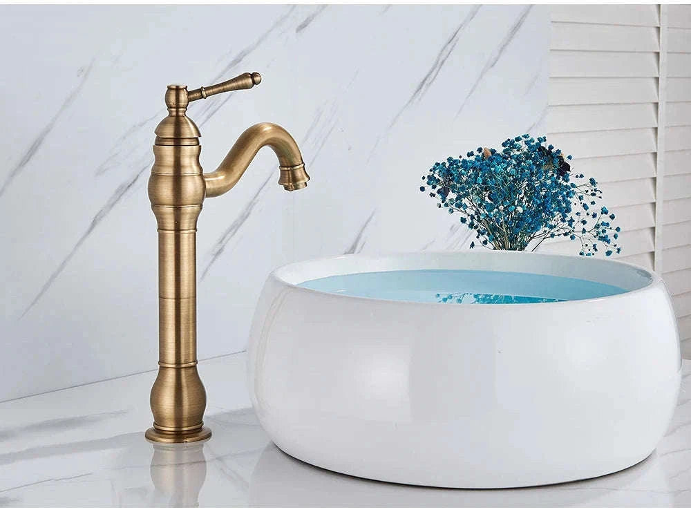 Antique Brass Basin Faucet Mixer Tap with Ceramic Valve-Chrome Short