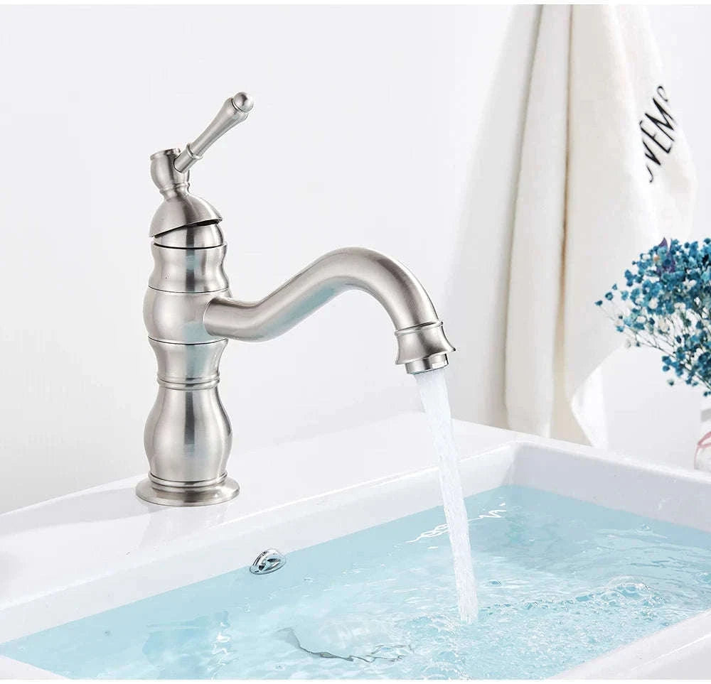 Antique Brass Basin Faucet Mixer Tap with Ceramic Valve-Chrome Short