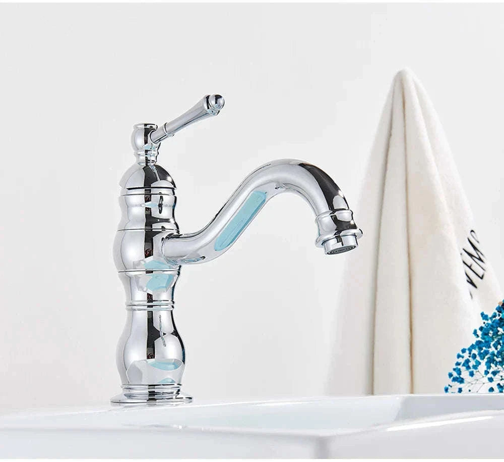 Antique Brass Basin Faucet Mixer Tap with Ceramic Valve-Chrome Short