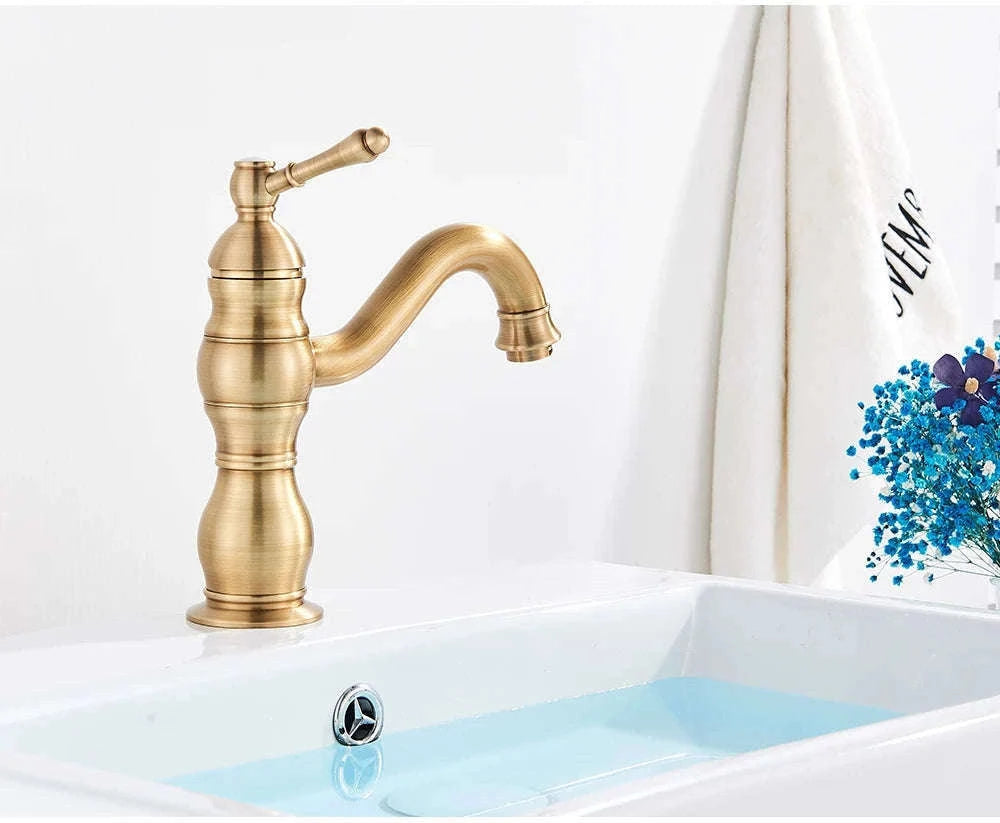 Antique Brass Basin Faucet Mixer Tap with Ceramic Valve-Chrome Short