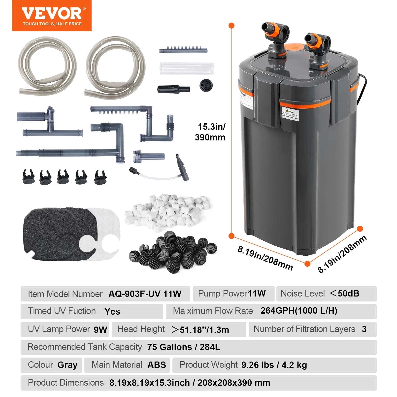 Aquarium Filter 264GPH 3-Stage Canister Filter with UV Protection-2000L / CZECH REPUBLIC