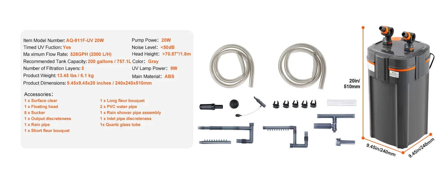 Aquarium Filter 264GPH 3-Stage Canister Filter with UV Protection-2000L / CZECH REPUBLIC