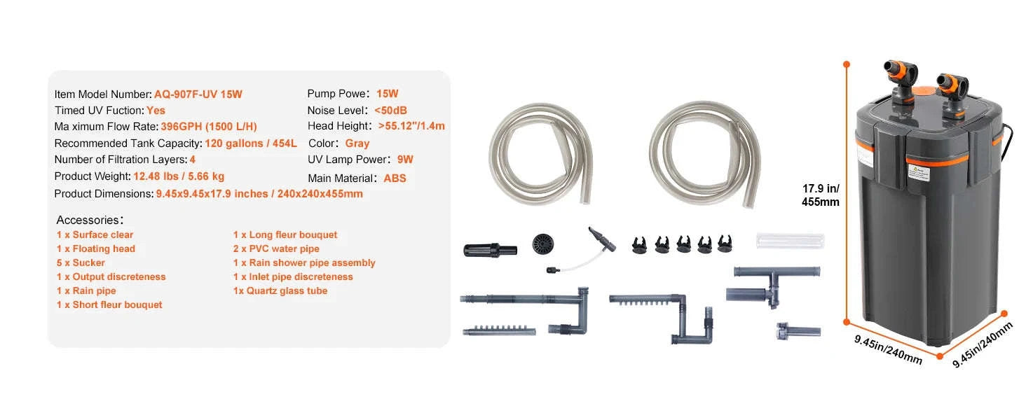 Aquarium Filter 264GPH 3-Stage Canister Filter with UV Protection-2000L / CZECH REPUBLIC