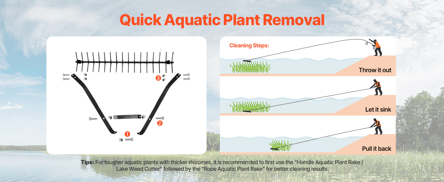 SucceBuy 32 in Aquatic Weed Rake 6.3 Double Weeds Cutter w/30ft Rope No Assembly Required Clearing Tool to Pond Lake Rivulet
