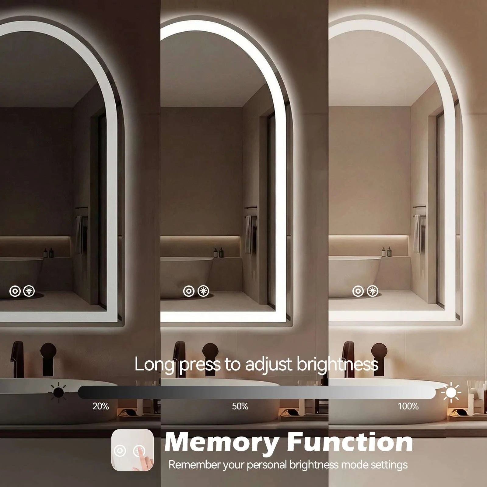 Arched LED Bathroom Vanity Mirror with 3 Light Modes & Defog-36L x 28W / United States