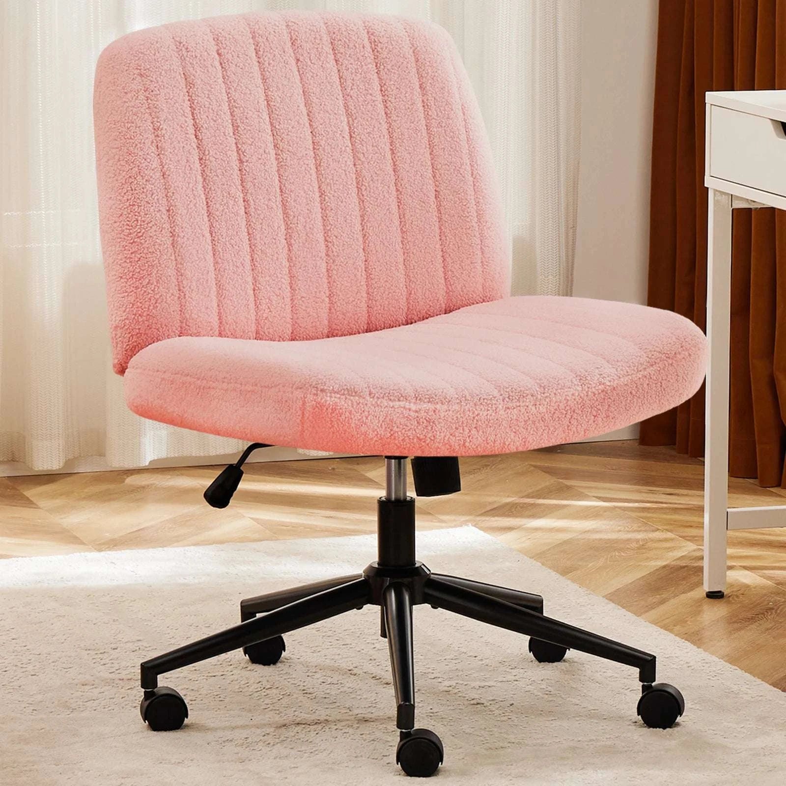 Armless Cross-Leg Office Chair with Wheels Adjustable Height Seat-cloth Beige / United States