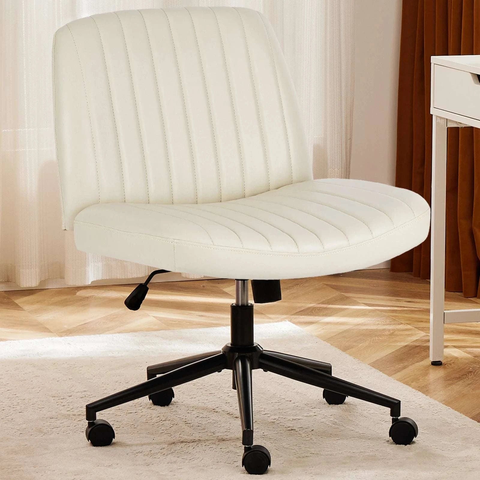 Armless Cross-Leg Office Chair with Wheels Adjustable Height Seat-cloth Beige / United States