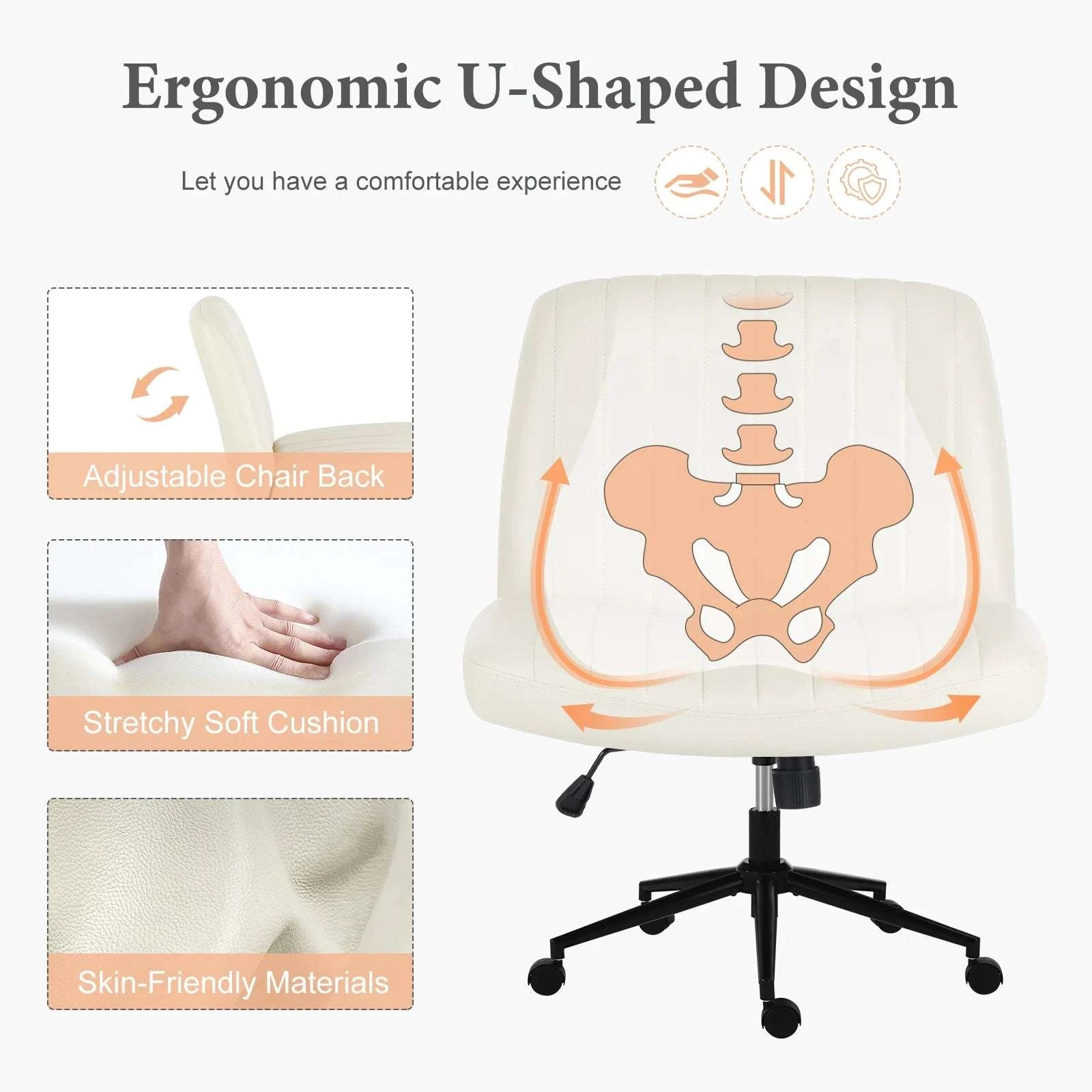 Armless Cross-Leg Office Chair with Wheels Adjustable Height Seat-cloth Beige / United States