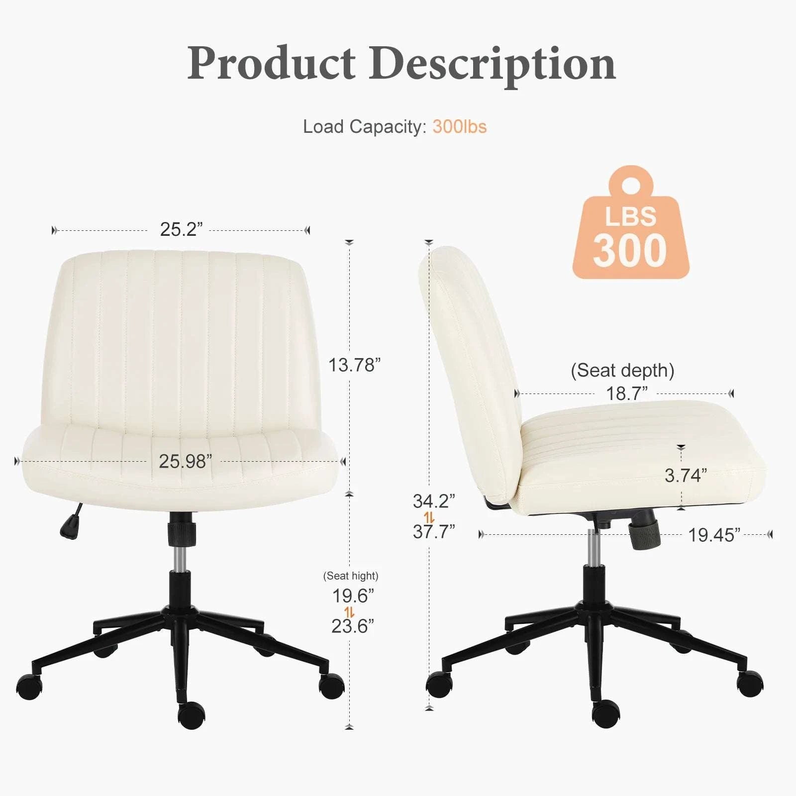 Armless Cross-Leg Office Chair with Wheels Adjustable Height Seat-cloth Beige / United States
