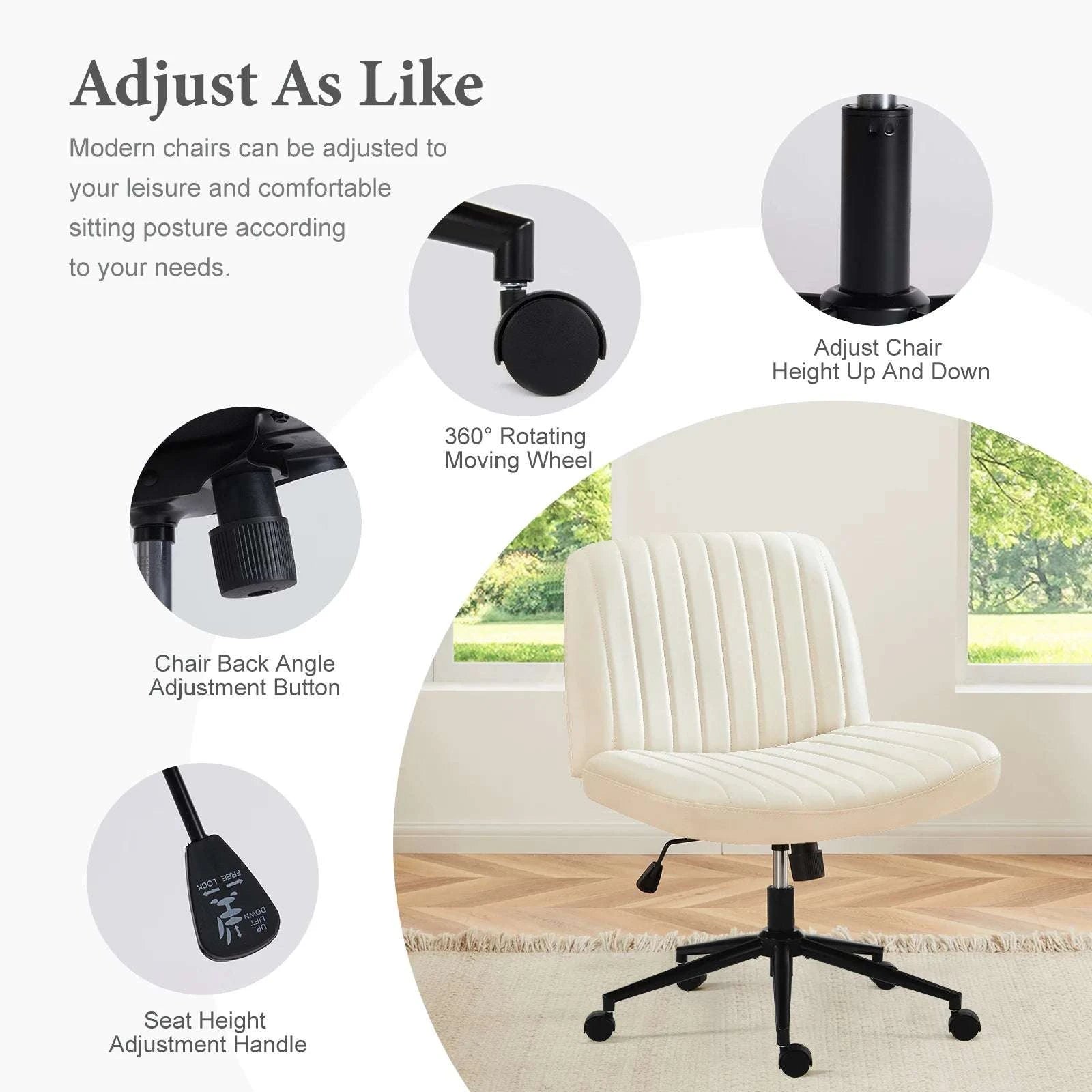 Armless Cross-Leg Office Chair with Wheels Adjustable Height Seat-cloth Beige / United States