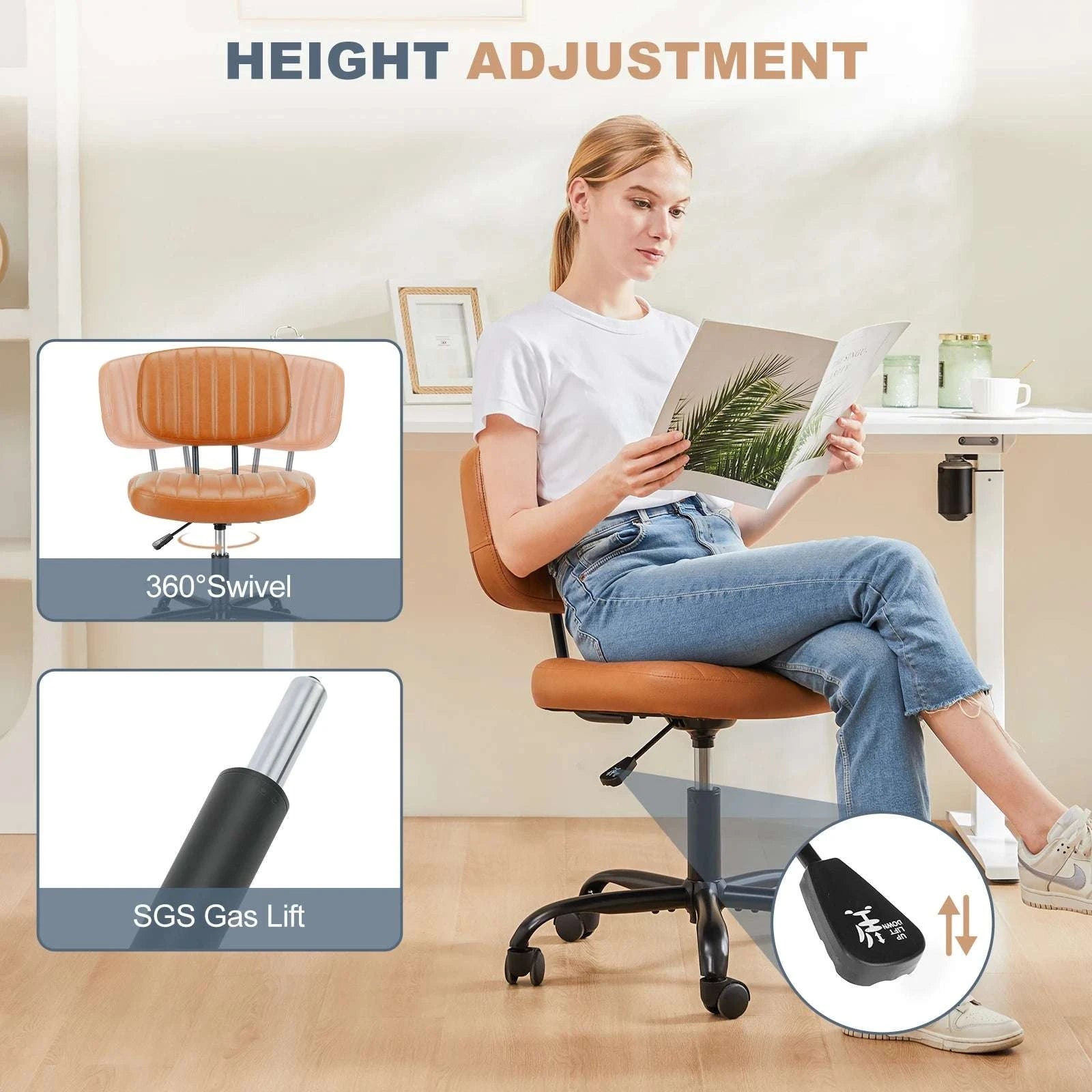 Armless Office Desk Chair with Lumbar Support & Swivel Wheels-WHITE / United States