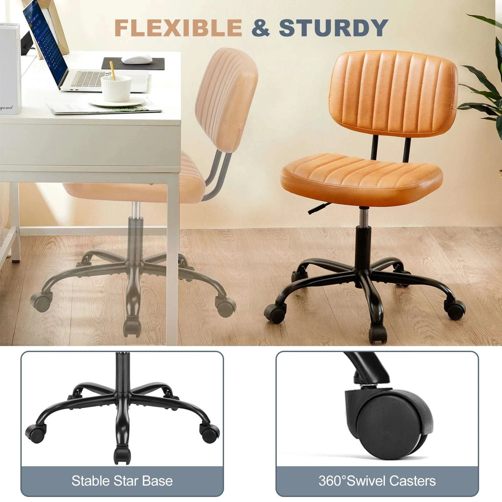 Armless Office Desk Chair with Lumbar Support & Swivel Wheels-WHITE / United States