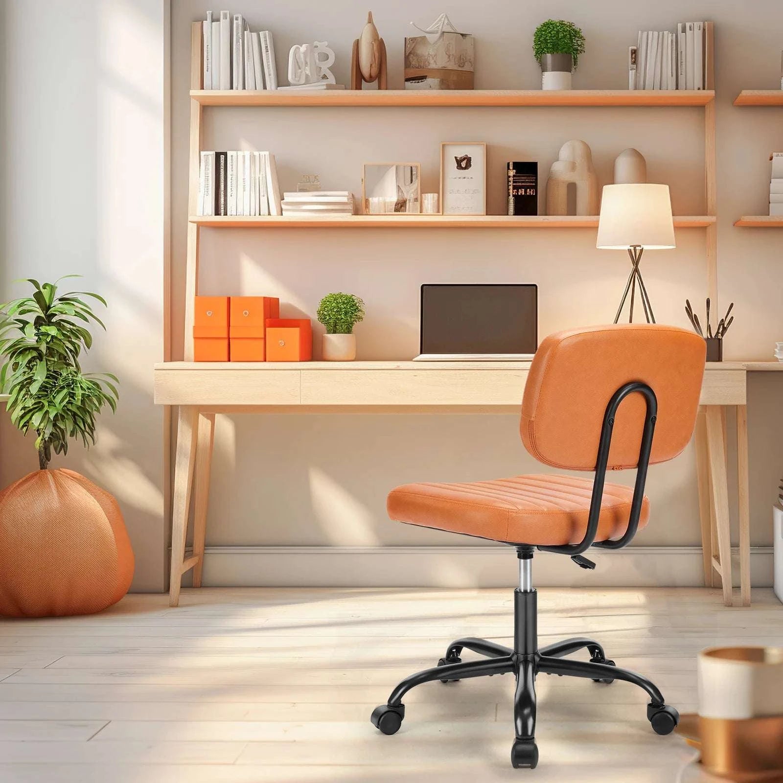 Armless Office Desk Chair with Lumbar Support & Swivel Wheels-WHITE / United States