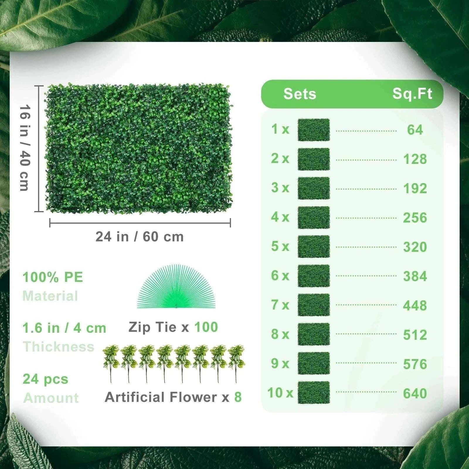 Artificial Boxwood Hedge Wall Panels 24 PCS UV Grass Backdrop-24x16in / Poland