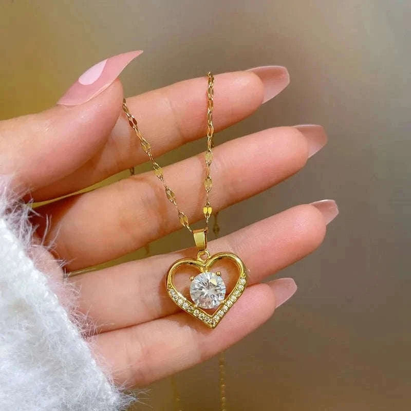 Artificial Gems Golden Heart Pendant Necklace-Steel color