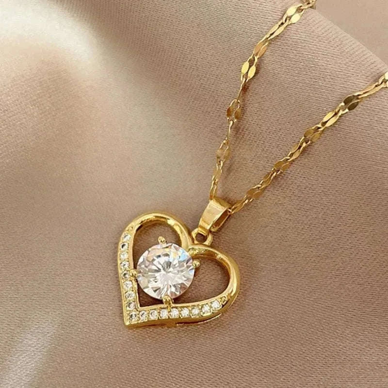 Artificial Gems Golden Heart Pendant Necklace-Steel color