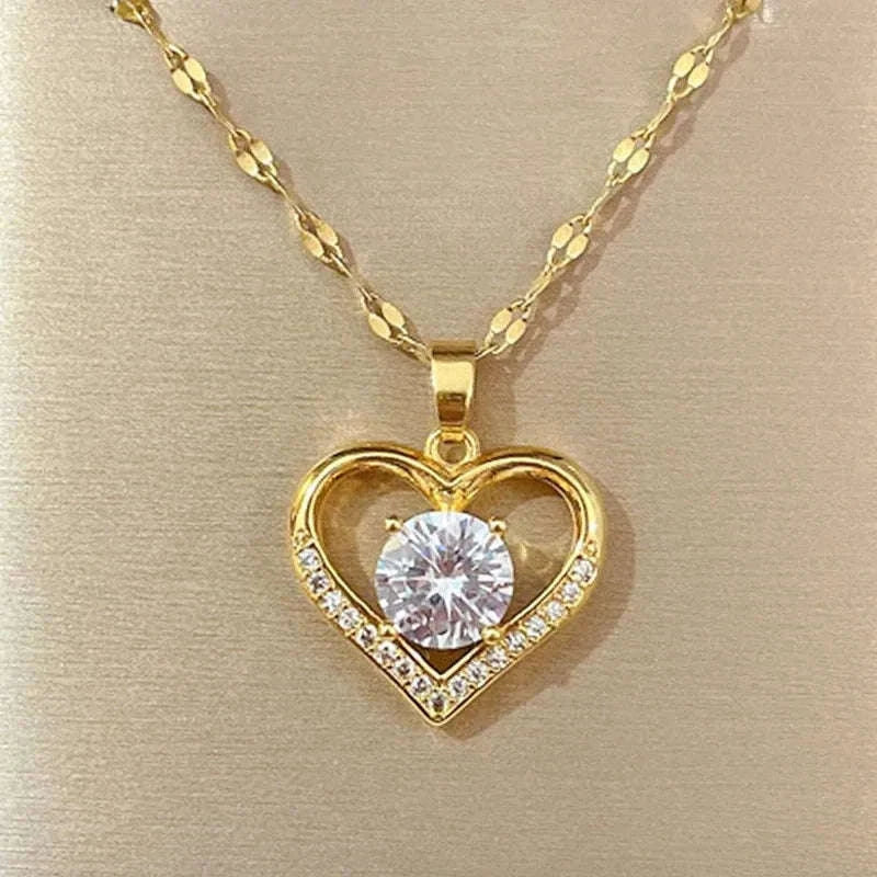 Artificial Gems Golden Heart Pendant Necklace-Steel color